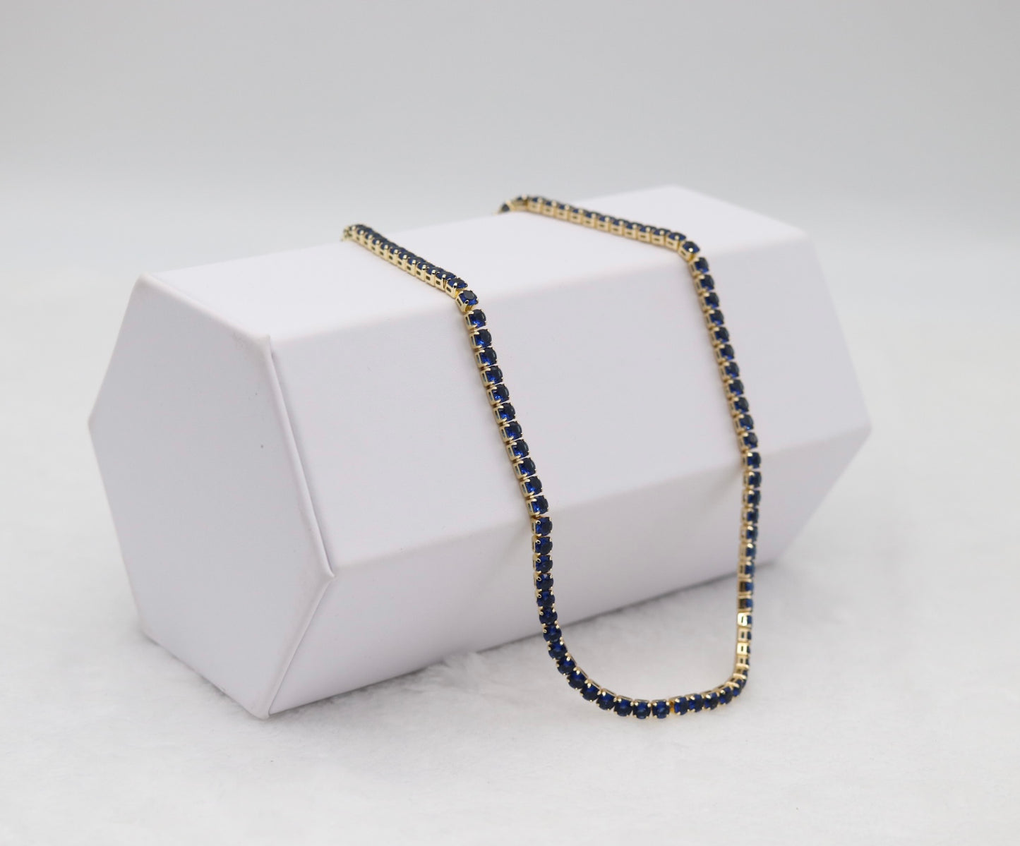 Sapphire Blue Tennis Necklace – Gold Tone Classic Elegance
