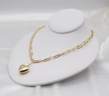 Layered Gold Dainty Pearl Station and Heart Pendant Paperclip Necklace