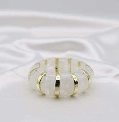 Pearl White Marble Stretch Bracelet with Polished Gold Accents