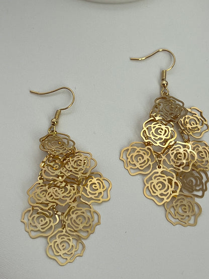 Bohemian Multi Layered Filigree Flower Dangle Drop Long Statement Earrings, Gold