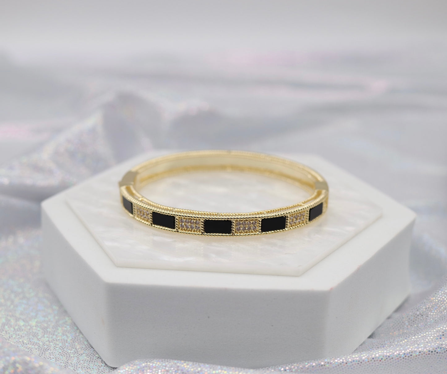 Gold Hinge Bangle Braclet With Black And CZ Paved Stations