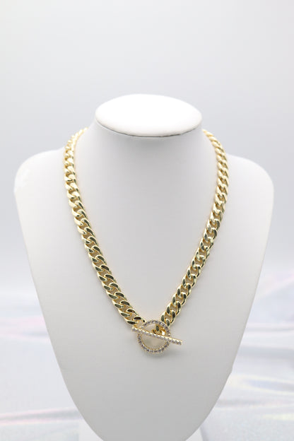 Curb Chain CZ Pave Toggle Necklace Gold