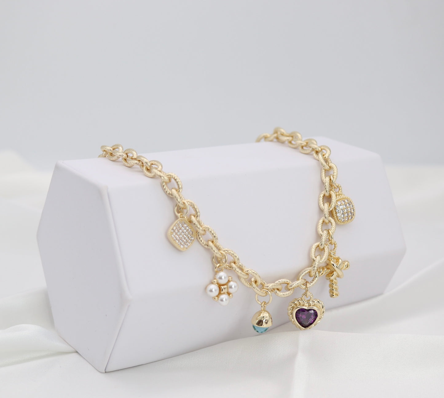 Mixed Charm Gold Chain Necklace – Heart, Pearl & Crystal Charm Statement Necklace