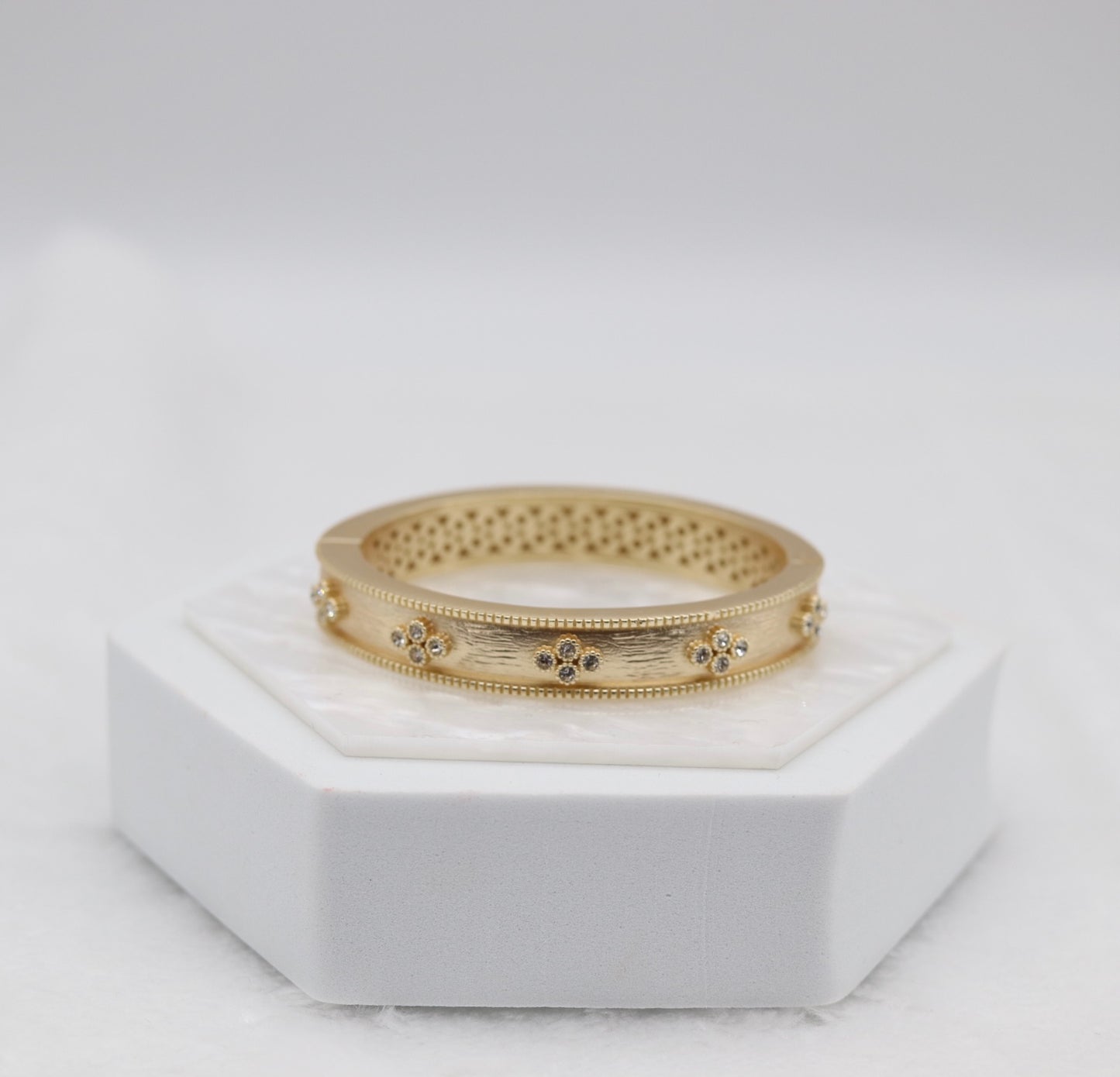 Gold Floral Bangle Bracelet with Delicate Crystal Accents