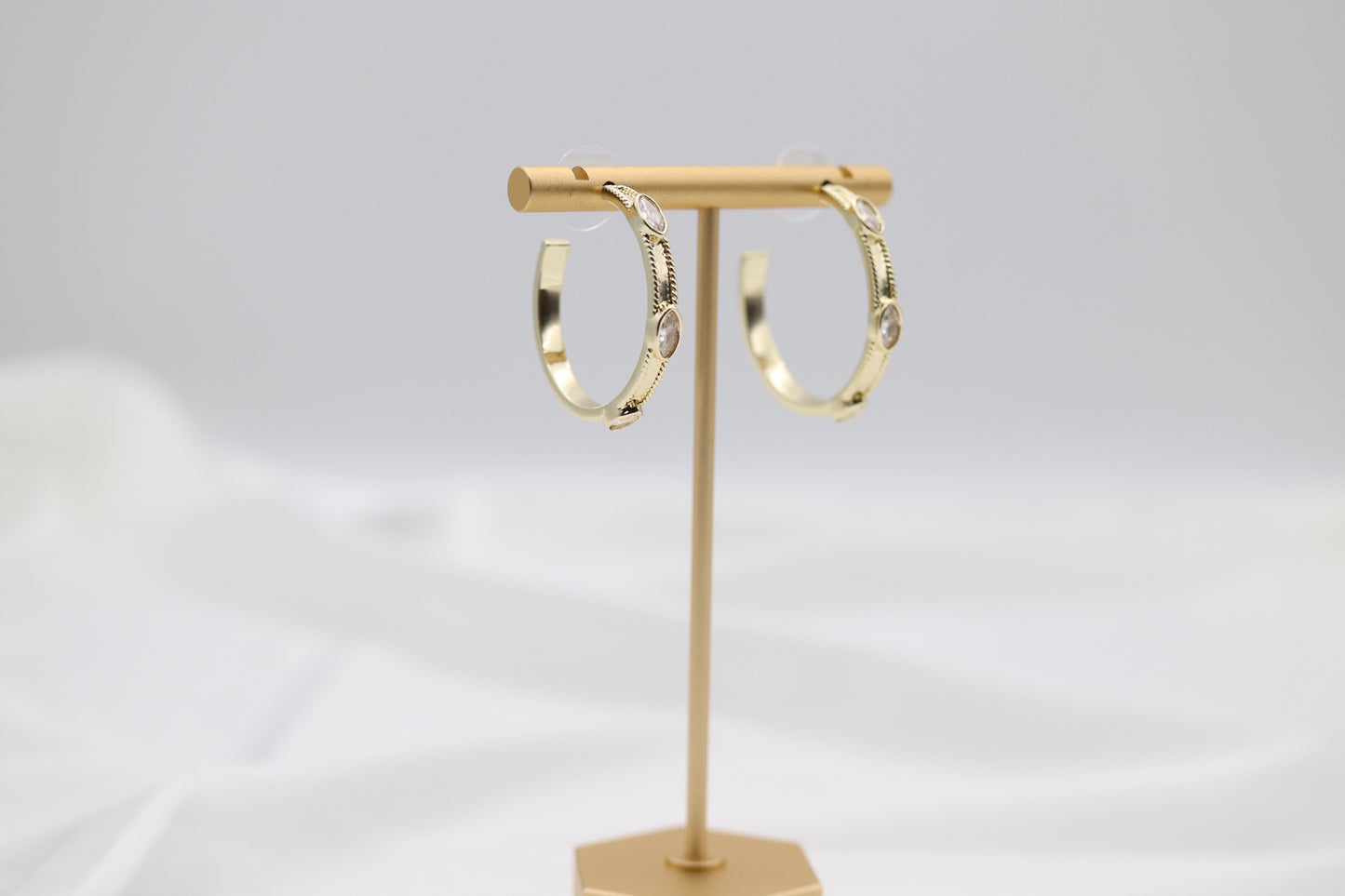 Gold Hoop Oval CZ Station Earrings