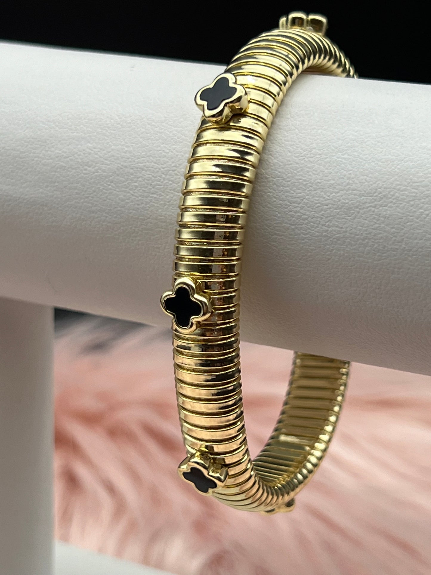 Gold Cobra Cuff Bracelet With Black Clover Stations