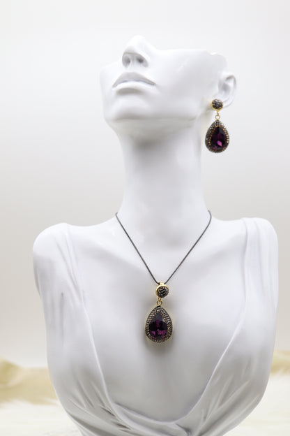 Dark Amethyst Druzy Teardrop Pendant Necklace and Earring Set
