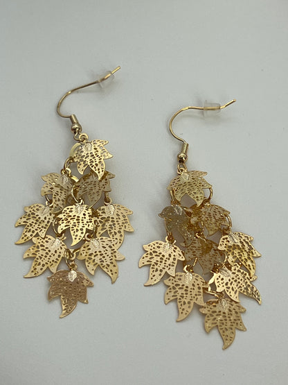 Bohemian Multi Layered Filigree Maple Leaves Dangle Drop Long Statement Earrings, Gold