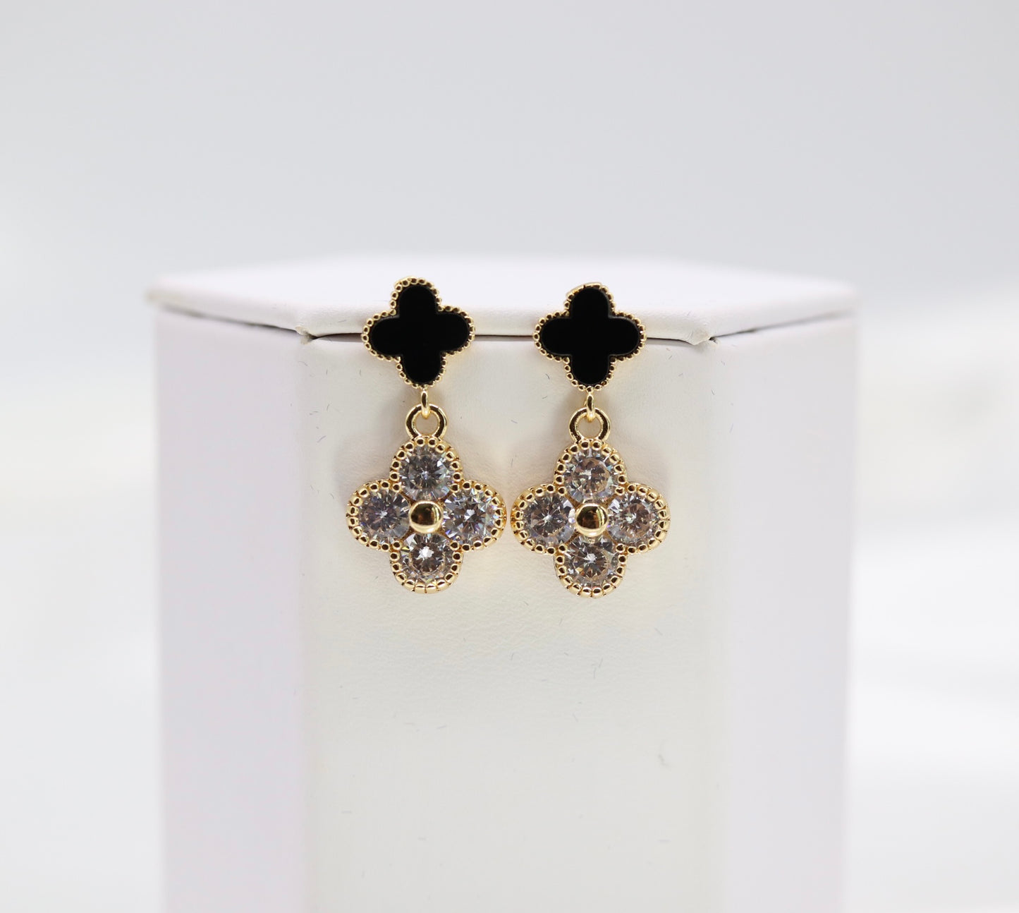 Black and Gold CZ Clover Earrings