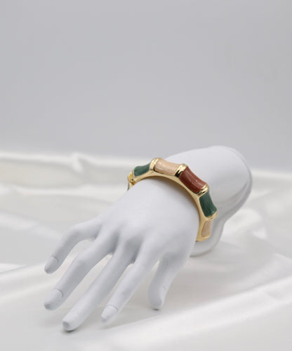 Gold Earth-Tone Multi-Color Enamel Hinged Bangle Bracelet