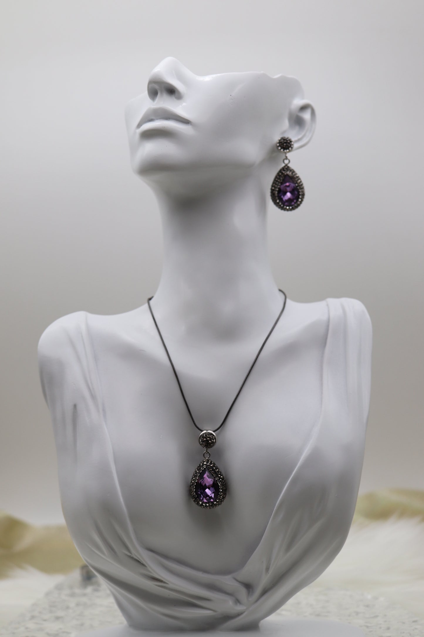 Matching Necklace and Earrings With Pear Shaped Amethyst Faceted CZ Stones