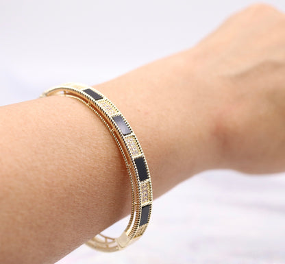 Gold Hinge Bangle Braclet With Black And CZ Paved Stations