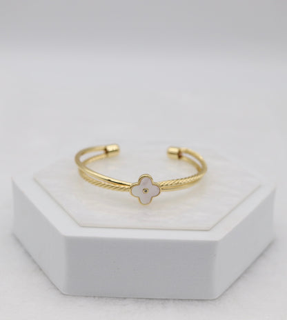 Gold Cable Cuff Bracelet with Mother-of-Pearl Clover