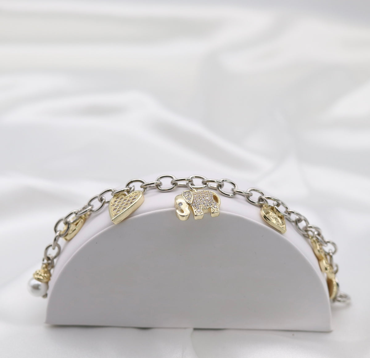 Two-Tone Crystal Charm Bracelet with Heart, Elephant & Pearl