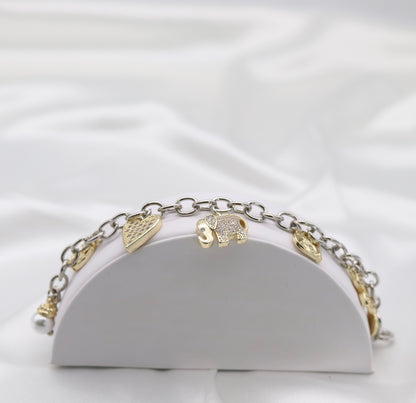 Two-Tone Crystal Charm Bracelet with Heart, Elephant & Pearl