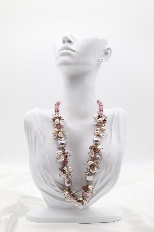 Faceted Violet Crystals With Light Violet Pearls Necklace