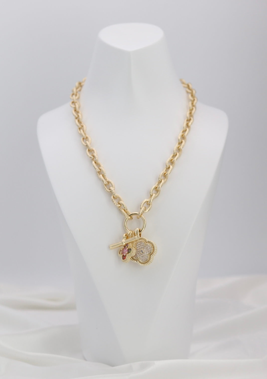 Gold Rope Chain Charm Necklace with Gold Accents & Multi-Charm Cluster