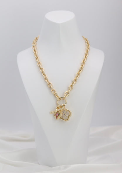 Gold Rope Chain Charm Necklace with Gold Accents & Multi-Charm Cluster