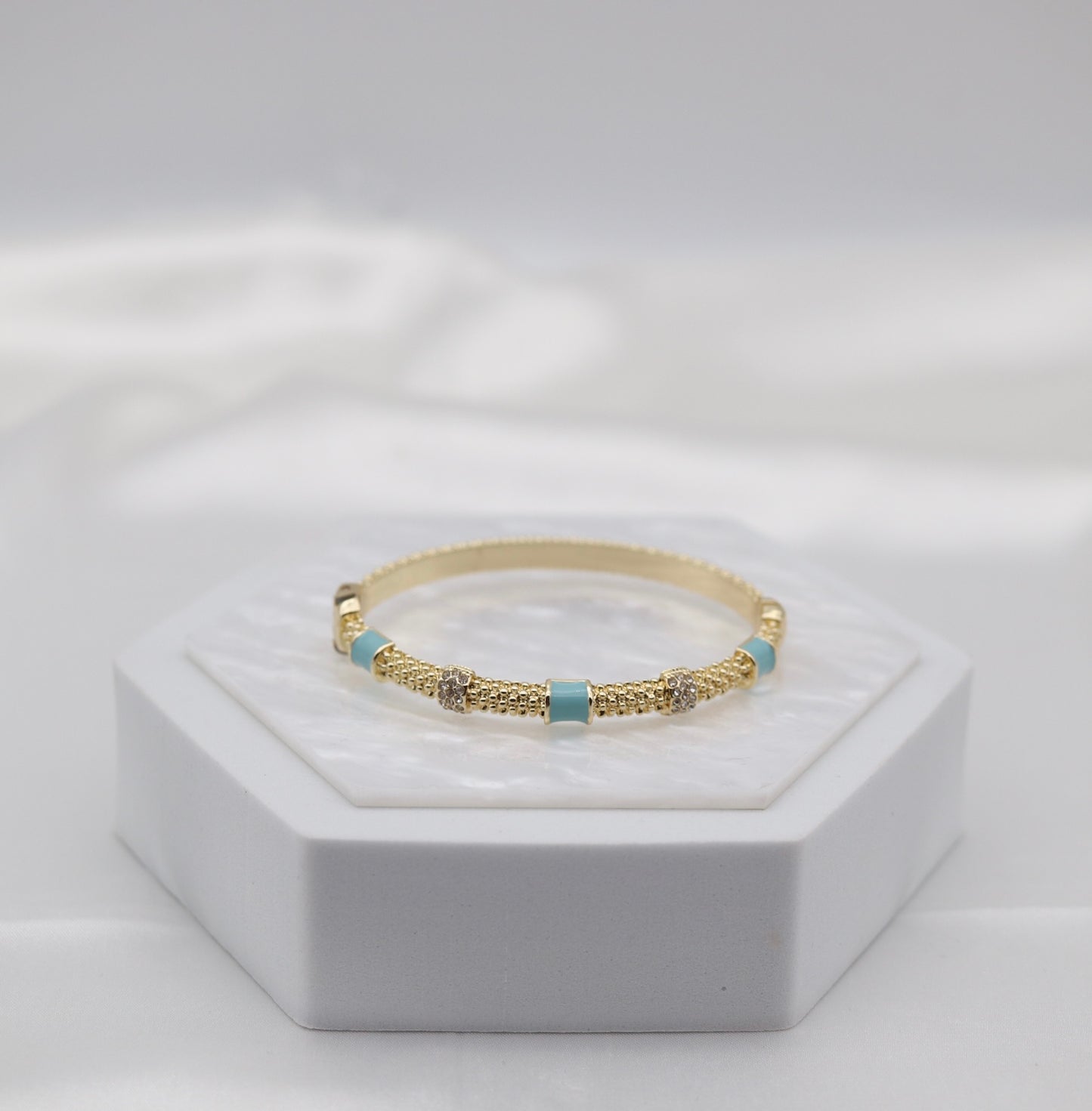 Turquoise Enamel & Crystal Gold Beaded Bangle Bracelet