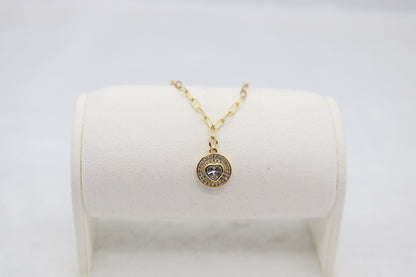 Gold Heart Medallion Necklace – Sparkling Crystal Round Pendant