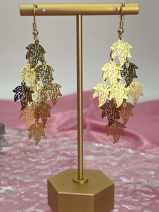 Bohemian Multi Layered Filigree Maple Leaves Dangle Drop Long Statement Earrings, Gold