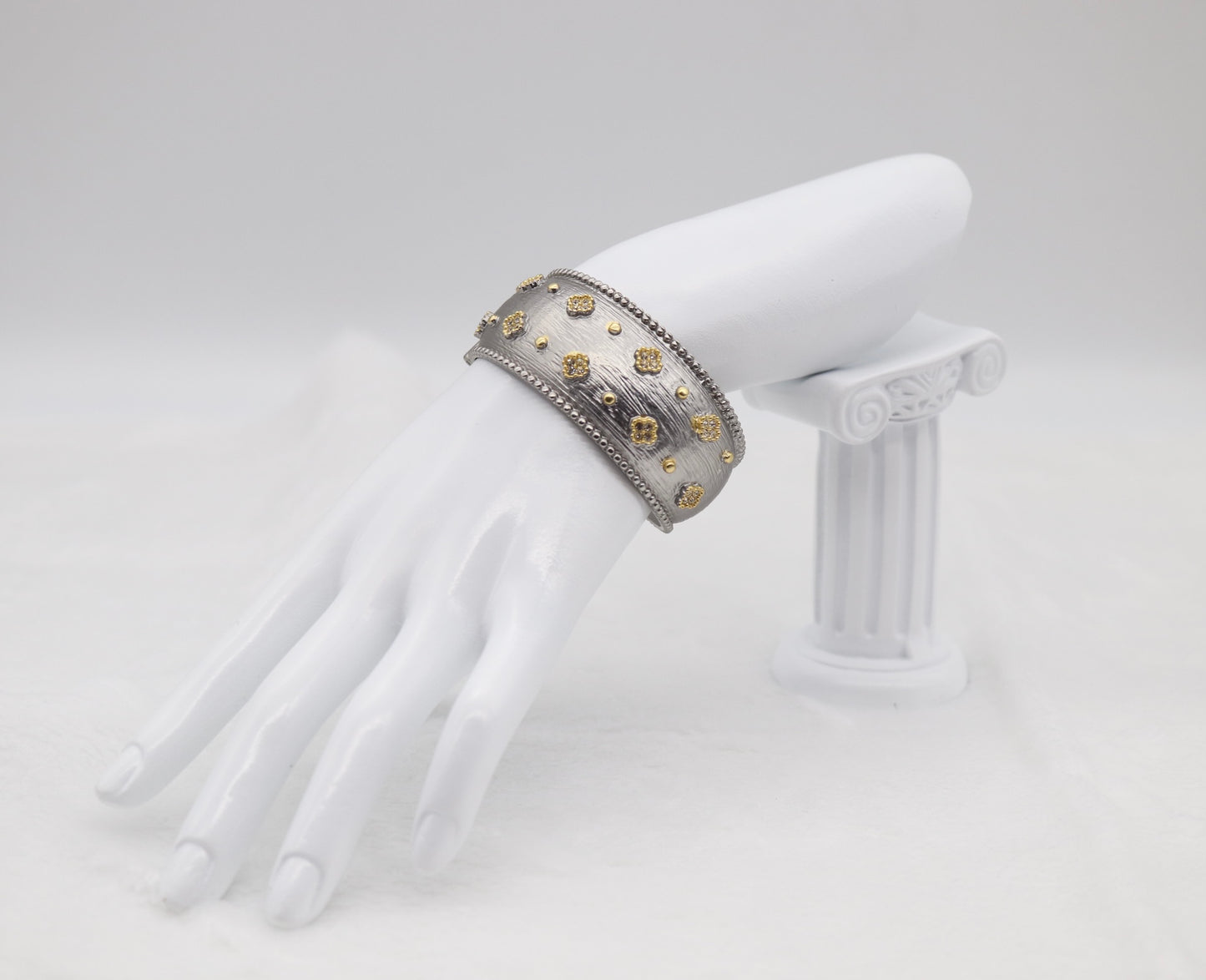 Wide Textured Silver Cuff Bracelet with Gold Floral Accents
