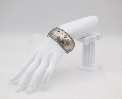 Wide Textured Silver Cuff Bracelet with Gold Floral Accents