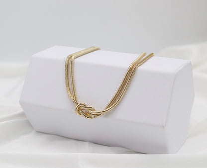 Gold Tone Double Snake Chain Knot Necklace – Modern Statement Collar