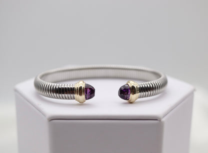 Silver Tubogas Cuff Bracelet With Violet Crystal Ends