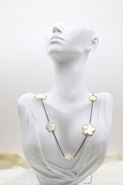 Mother of Pearl Five Leaf Flower Petal Pendant Necklace