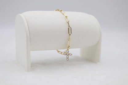 Gold Paperclip Chain Bracelet with CZ Cross Charm