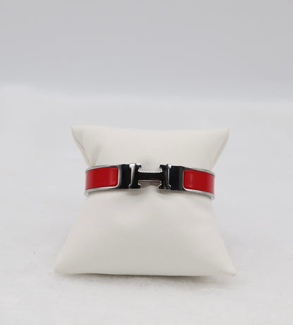 Bold Red Enamel “H” Bracelet – Silver Tone