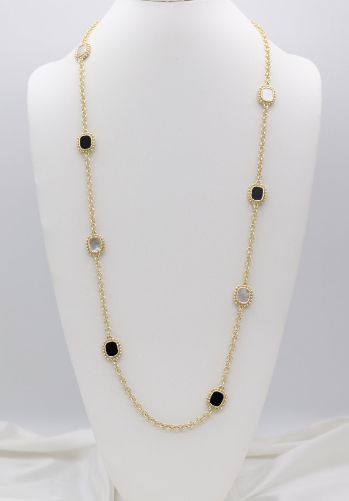 Black & Mother-of-Pearl Medallion Station Necklace – Gold Beaded Chain