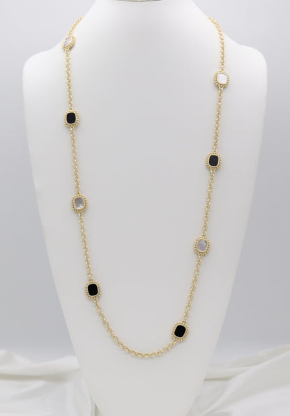 Black & Mother-of-Pearl Medallion Station Necklace – Gold Beaded Chain