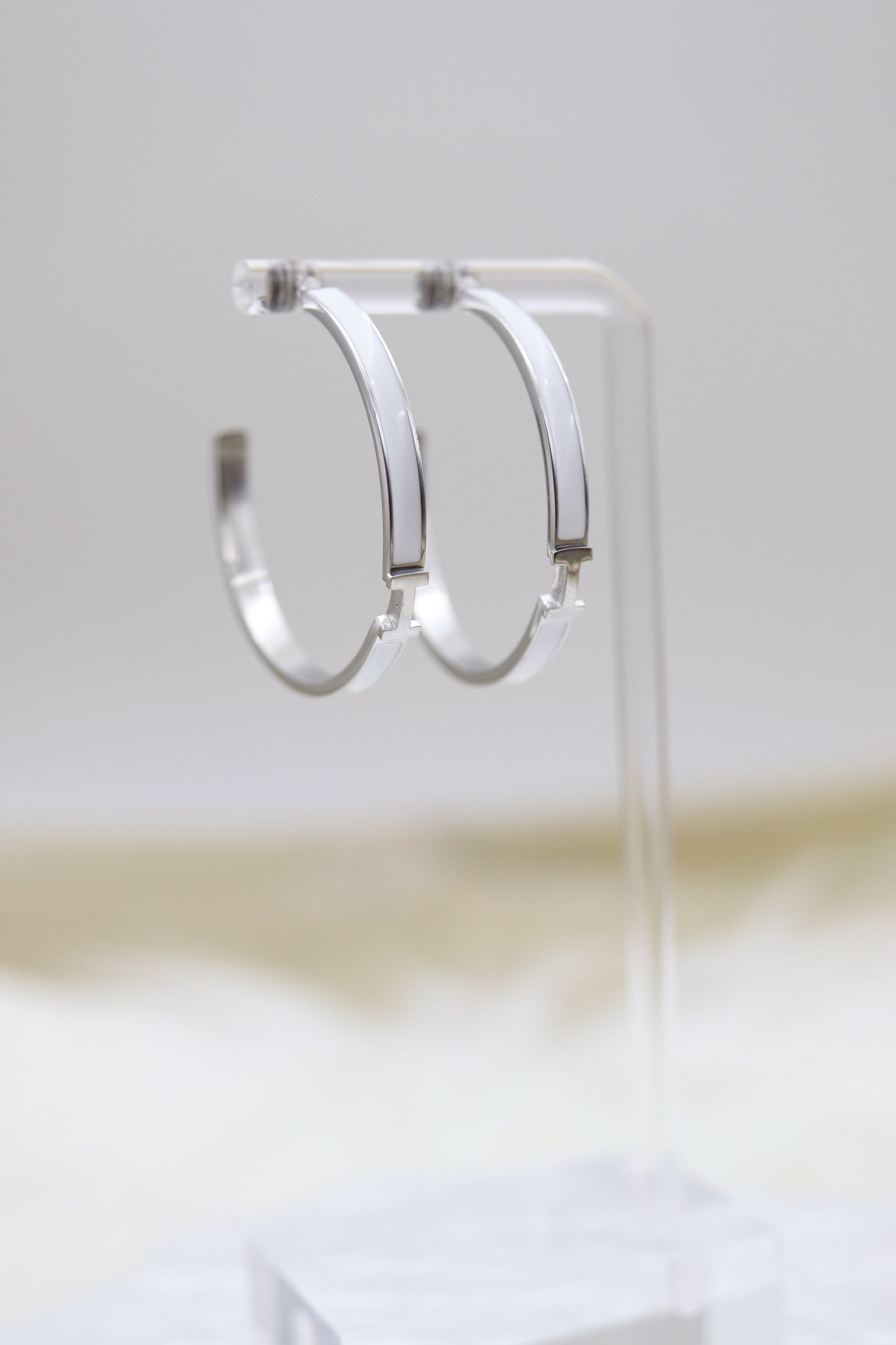 White Luxury H Hoop Silver Earrings