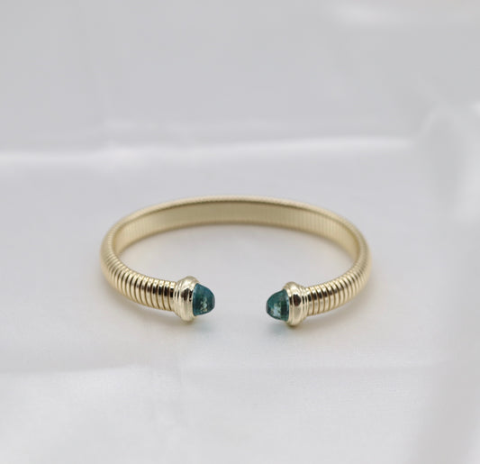 Gold Tubogas Cuff Bracelet With Light Blue Crystal Ends