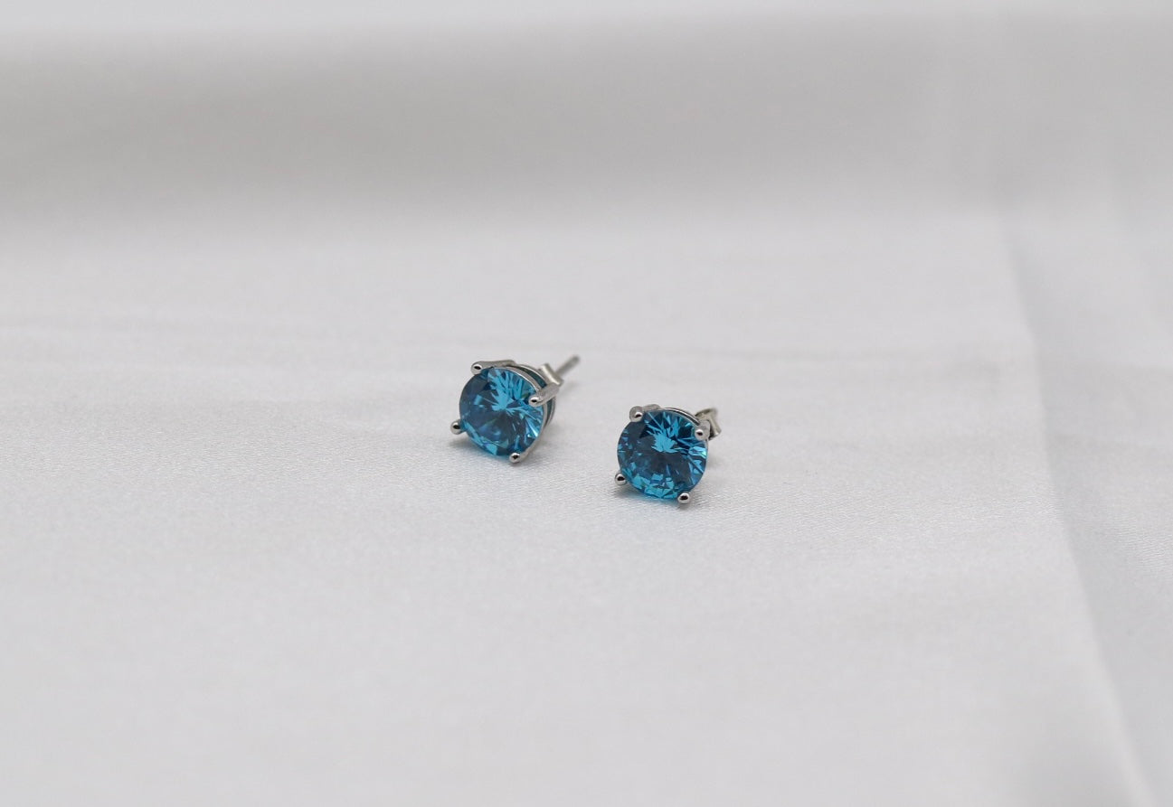 Teal Blue Crystal Stud Earrings – Small Round Solitaire Studs