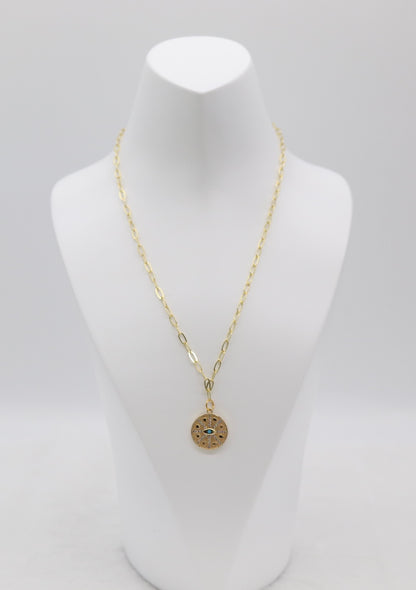 Gold Compass Pendant Necklace – Dainty Crystal Medallion with Evil Eye Detail