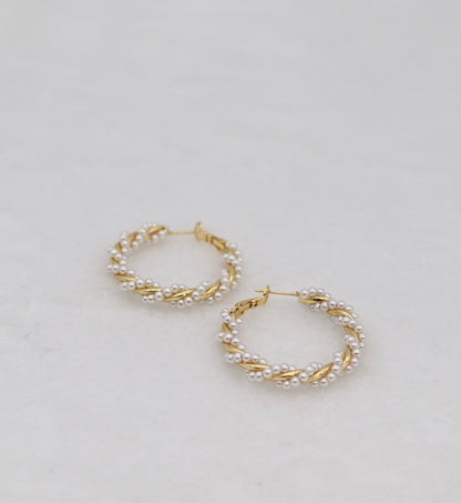 Gold Twisted Pearl Hoop Earrings