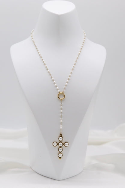Pearl Beaded Cross Drop Necklace – Gold Tone Y-Style Statement