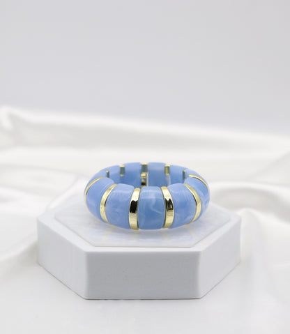 Sky Blue Marble Stretch Bracelet with Polished Gold Accents