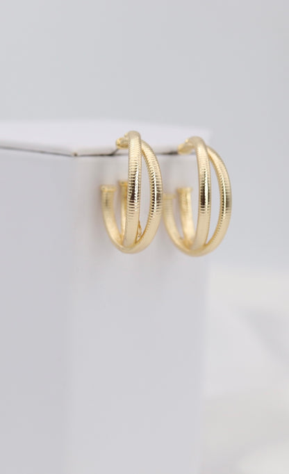 Layered Gold Hoop Earrings – Double Band Ribbed Hoops