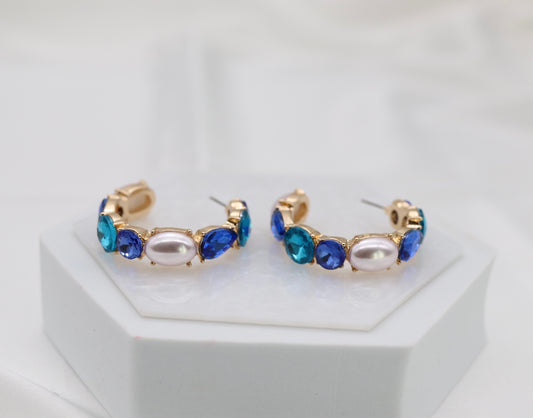 Blue Glass Stone Hoop Earring