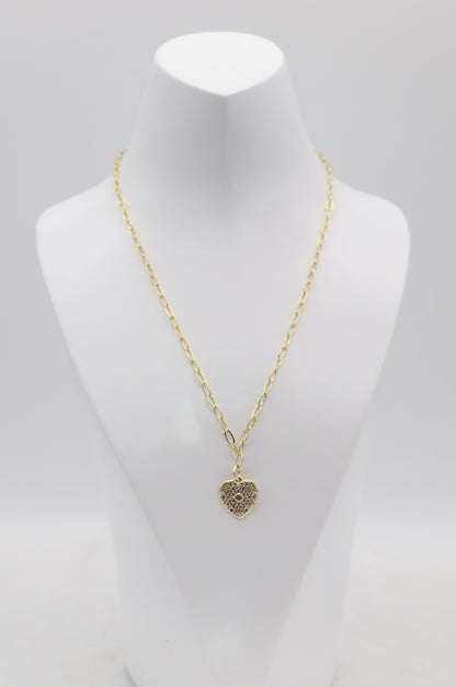 Gold Heart Pendant Necklace – Geometric Crystal Pattern