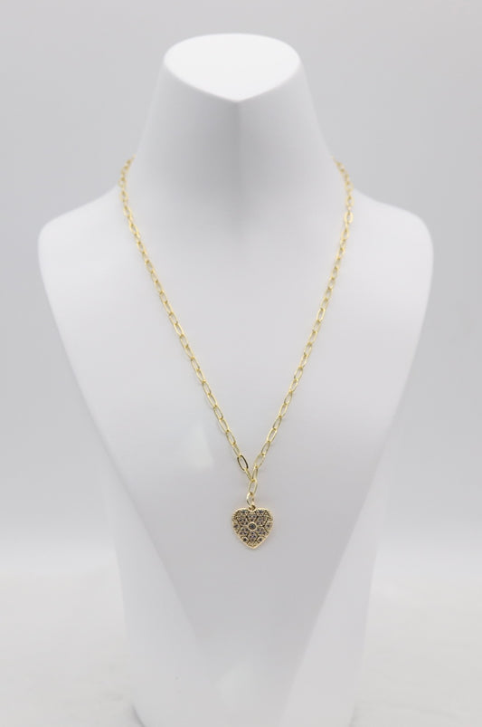 Gold Heart Pendant Necklace – Geometric Crystal Pattern