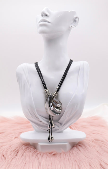Half Silver Shell CZ Pendant With Multi Black Rope Necklace