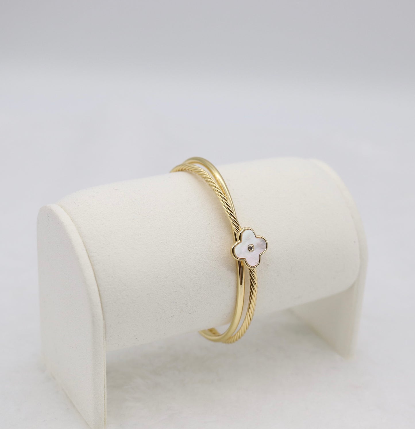 Gold Cable Cuff Bracelet with Mother-of-Pearl Clover
