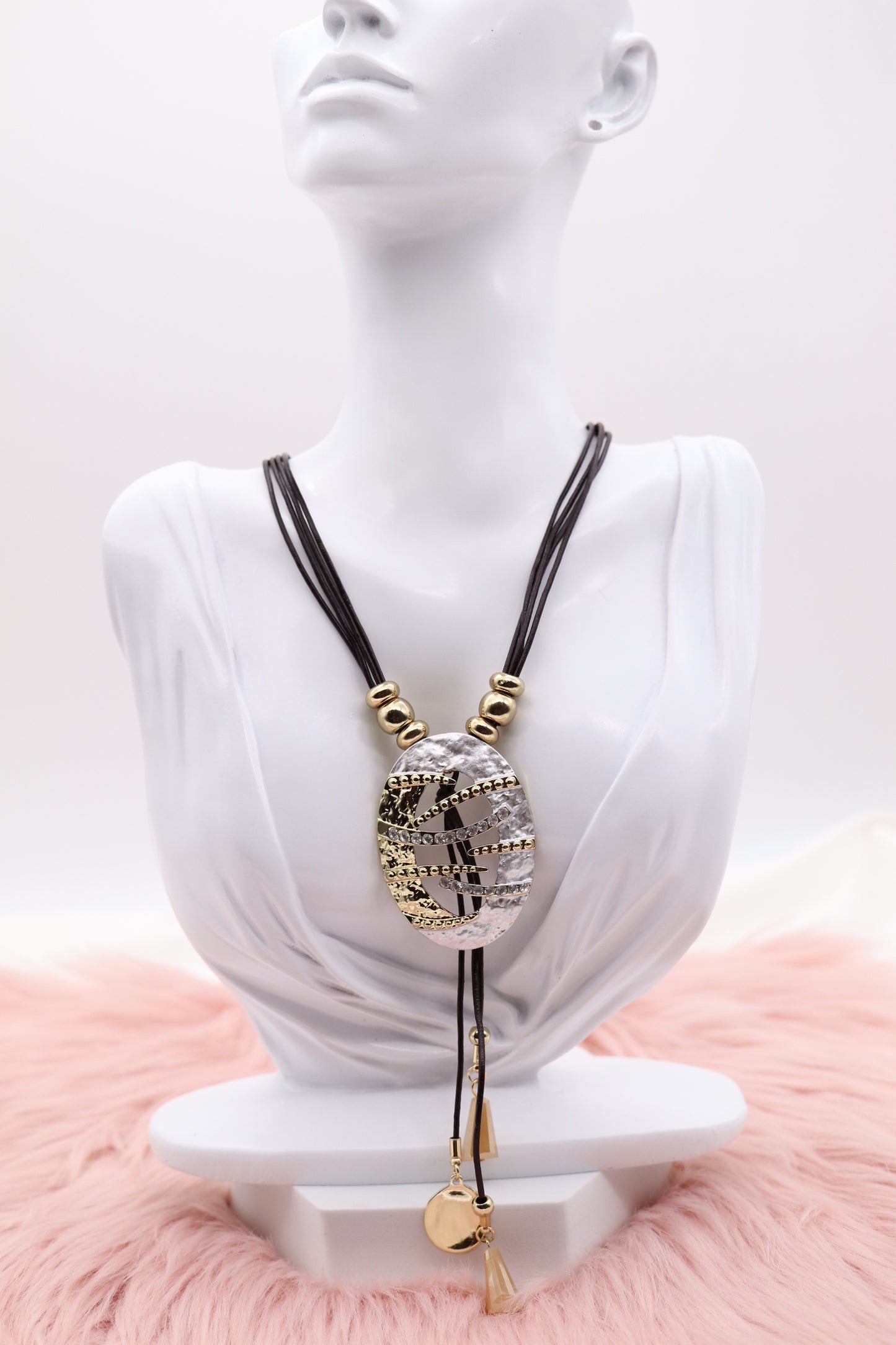 Metallic Gold and Silver Pendant With Dangling Stones and Multi Black Rope Necklace