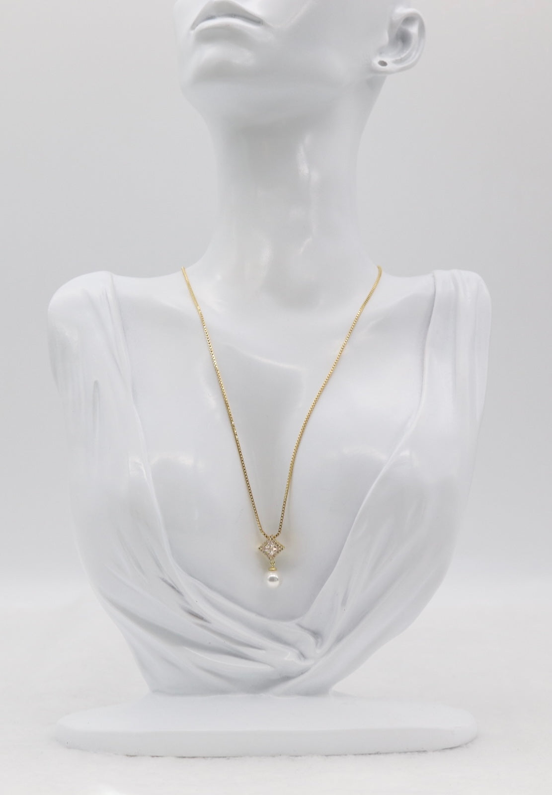Gold Pearl Drop Necklace – Diamond Accent Square Pendant