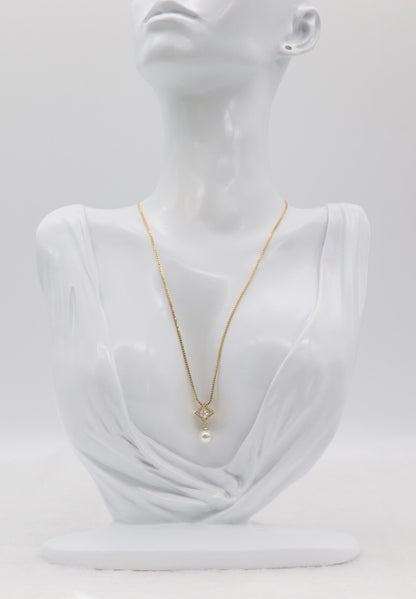 Gold Pearl Drop Necklace – Diamond Accent Square Pendant
